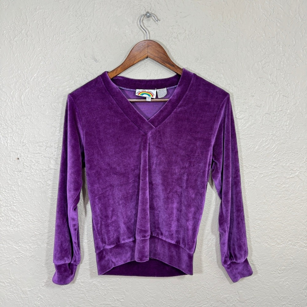 Vtg Velour Cropped Pullover Top Medium Purple Velvet Over The Rainbo 70s Rave